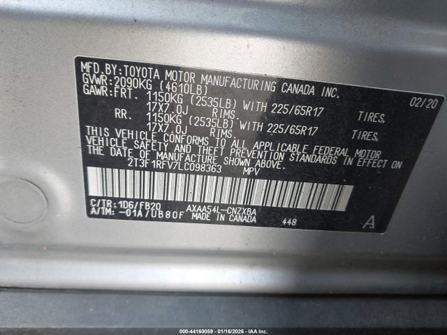 2020 Toyota Rav4 Le მანქანა იყიდება აუქციონზე, vin: 2T3F1RFV7LC098363, აუქციონის ნომერი: 44160059