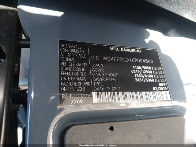 Aukcja sprzedaży 2019 Mercedes-benz Sprinter 2500 High Roof V6, vin: WD4PF0CD1KP094563, numer aukcji: 44160119