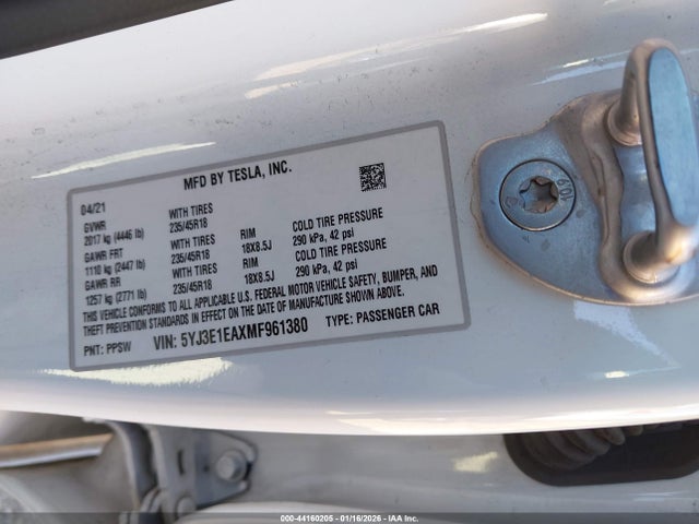 Aukcja sprzedaży 2021 Tesla Model 3 Standard Range Plus Rear-wheel Drive, vin: 5YJ3E1EAXMF961380, numer aukcji: 44160205