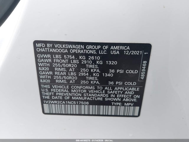 1V2WR2CA1NC517506 Volkswagen Atlas 3.6l V6 Se W/technology