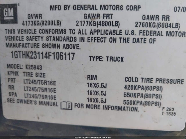 Aukcja sprzedaży 2004 Gmc Sierra 2500hd Slt, vin: 1GTHK23114F106117, numer aukcji: 44160344