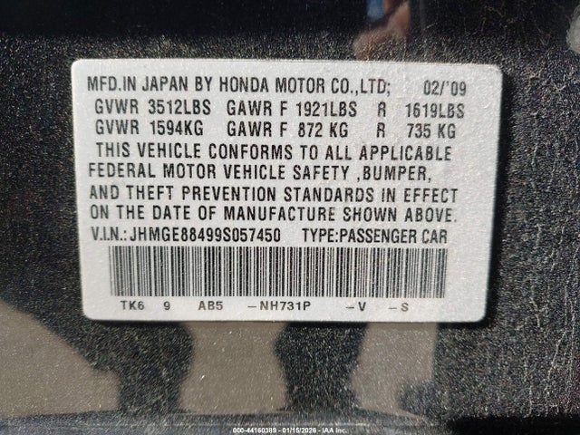 2009 HONDA FIT JHMGE88499S057450 Photo 8