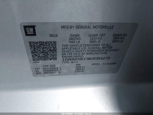 1GNSKHKC9KR394273 Chevrolet Suburban Lt