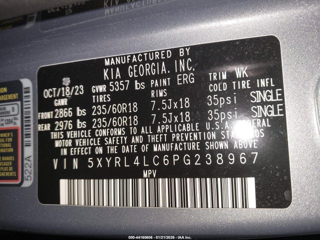 44160606 :رقم المزاد ، 5XYRL4LC6PG238967 vin ، 2023 Kia Sorento S مزاد بيع