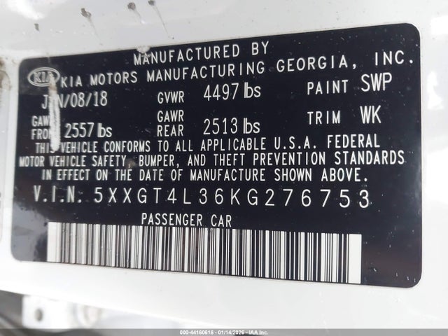 44160616 :رقم المزاد ، 5XXGT4L36KG276753 vin ، 2019 Kia Optima Lx مزاد بيع