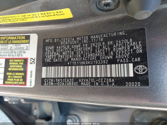 4T1B11HK6KU193392 Toyota CAMRY SE