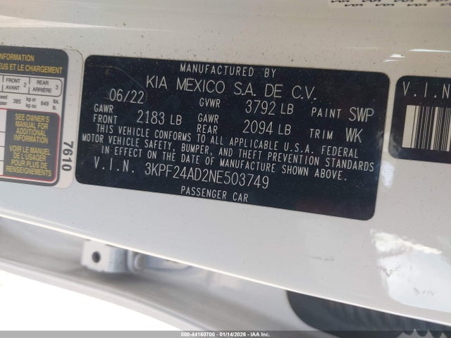 3KPF24AD2NE503749 KIA Forte Lxs