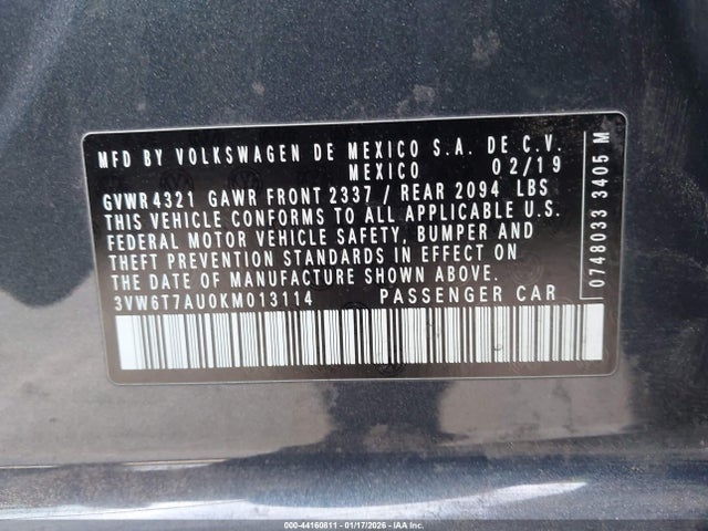 44160811 :رقم المزاد ، 3VW6T7AU0KM013114 vin ، 2019 Volkswagen Golf Gti 2.0t Autobahn/2.0t Rabbit Edition/2.0t S/2.0t Se مزاد بيع