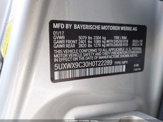 44160900 :رقم المزاد ، 5UXWX9C30H0T22289 vin ، 2017 Bmw X3 Xdrive28i مزاد بيع