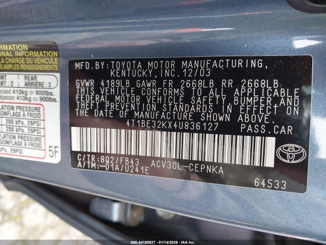 Aukcja sprzedaży 2004 Toyota Camry Le, vin: 4T1BE32KX4U836127, numer aukcji: 44160927
