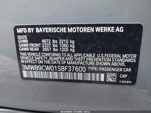 Aukcja sprzedaży 2025 Bmw 330i Xdrive, vin: 3MW89CW01S8F37600, numer aukcji: 44160930