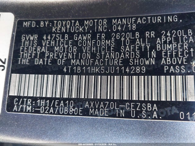 4T1B11HK5JU114289 Toyota CAMRY SE