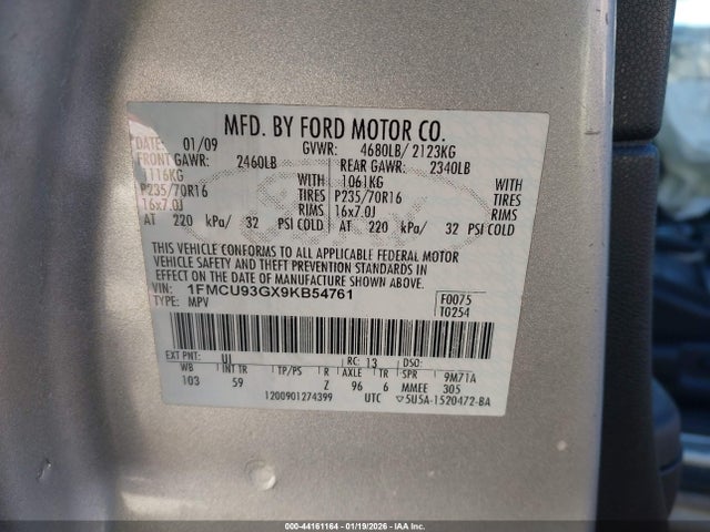 2009 Ford Escape Xlt მანქანა იყიდება აუქციონზე, vin: 1FMCU93GX9KB54761, აუქციონის ნომერი: 44161164