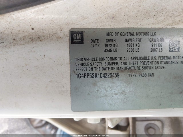 2012 Buick Verano მანქანა იყიდება აუქციონზე, vin: 1G4PP5SK1C4225459, აუქციონის ნომერი: 44161316