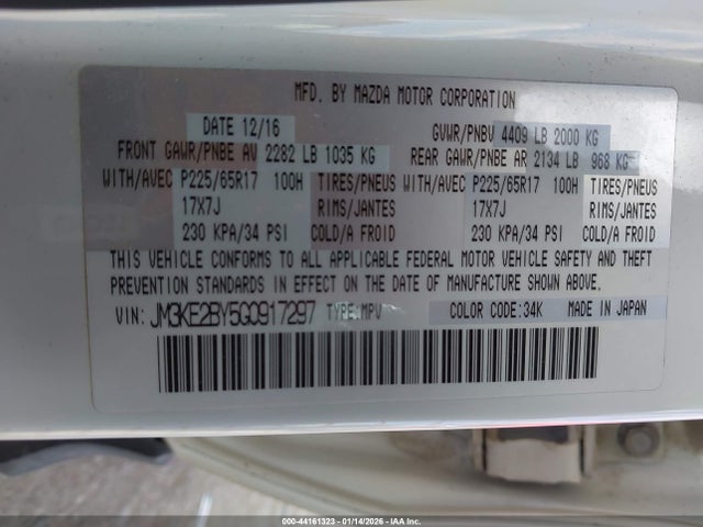 44161323 :رقم المزاد ، JM3KE2BY5G0917297 vin ، 2016 Mazda Cx-5 Sport مزاد بيع