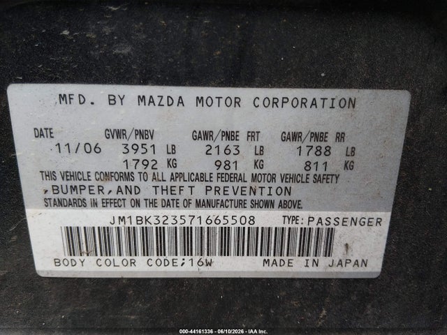 Aukcja sprzedaży 2007 Mazda Mazda3 S Touring, vin: JM1BK323571665508, numer aukcji: 44161336