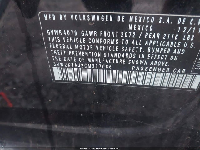 2012 Volkswagen Jetta 2.0l S მანქანა იყიდება აუქციონზე, vin: 3VW2K7AJ2CM357066, აუქციონის ნომერი: 44161380