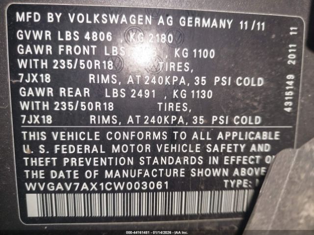2012 VOLKSWAGEN TIGUAN WVGAV7AX1CW003061 Photo 8
