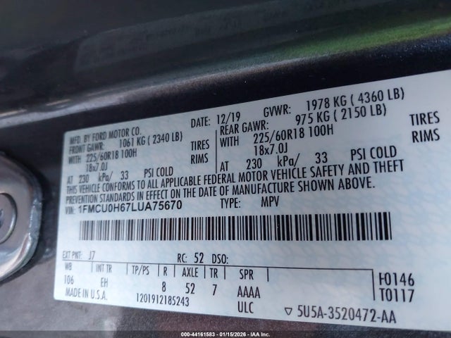 2020 Ford Escape Sel მანქანა იყიდება აუქციონზე, vin: 1FMCU0H67LUA75670, აუქციონის ნომერი: 44161583