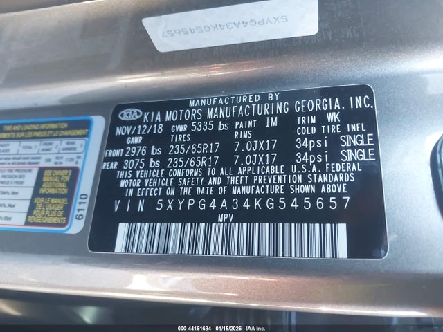5XYPG4A34KG545657 KIA Sorento 2.4l Lx