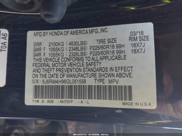 5J6RM4H96GL051558 Honda Cr-v Touring