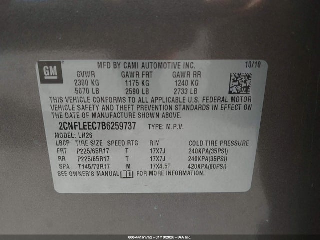 Aukcja sprzedaży 2011 Chevrolet Equinox 1lt, vin: 2CNFLEEC7B6259737, numer aukcji: 44161752