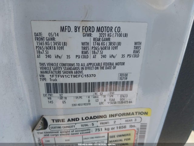 1FTFW1CT9EFC15370 Ford F-150 Xlt