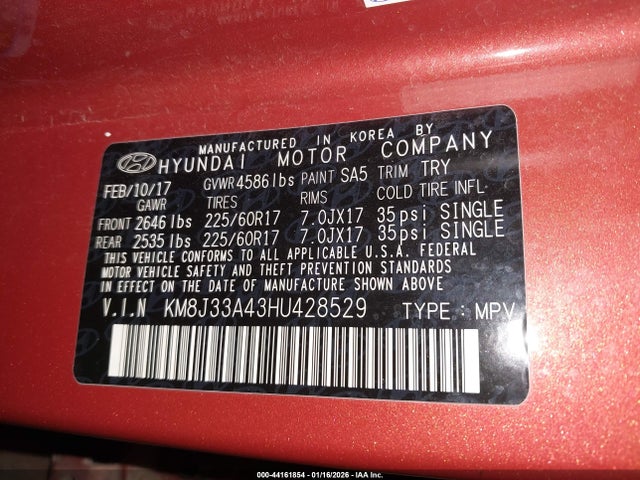 KM8J33A43HU428529 Hyundai Tucson Se Plus