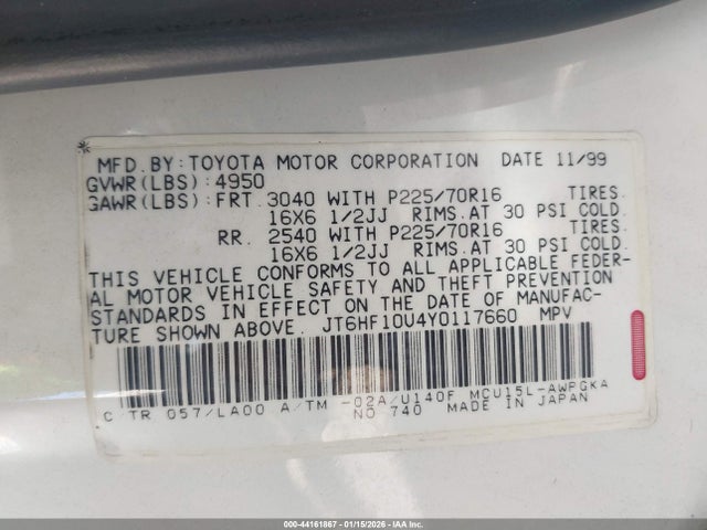 Aukcja sprzedaży 2000 Lexus Rx 300, vin: JT6HF10U4Y0117660, numer aukcji: 44161867