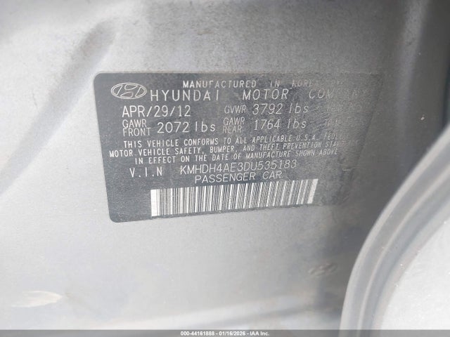 44161888 :رقم المزاد ، KMHDH4AE3DU535183 vin ، 2013 Hyundai Elantra Limited مزاد بيع