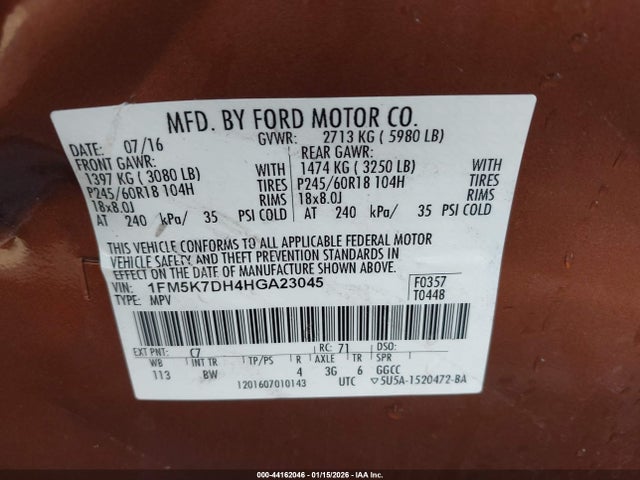 1FM5K7DH4HGA23045 Ford EXPLORER XLT