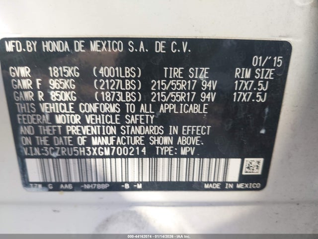 3CZRU5H3XGM700214 Honda HR-V LX
