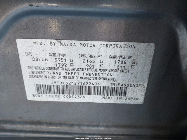 Продаж на аукціоні авто 2007 Mazda Mazda3 S Grand Touring, vin: JM1BK324271622494, номер лоту: 44162086