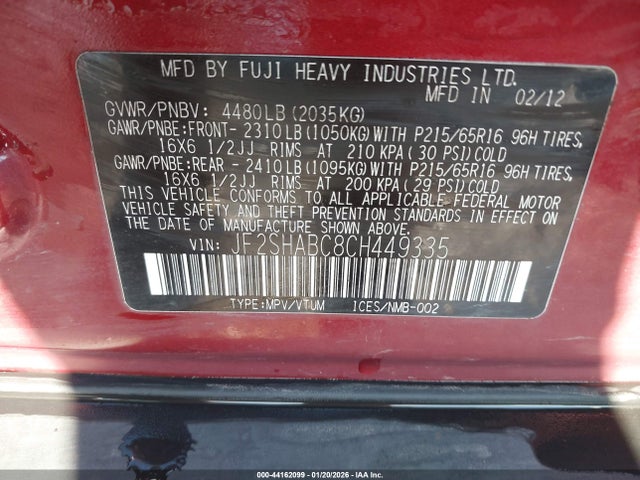 Продаж на аукціоні авто 2012 Subaru Forester 2.5x, vin: JF2SHABC8CH449335, номер лоту: 44162099