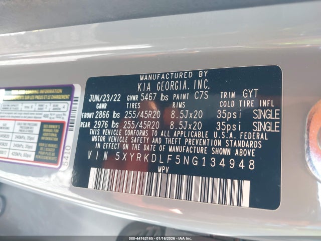 5XYRKDLF5NG134948 KIA SORENTO SX