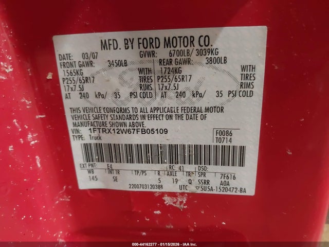 44162277 :رقم المزاد ، 1FTRX12W67FB05109 vin ، 2007 Ford F-150 Stx/xl/xlt مزاد بيع