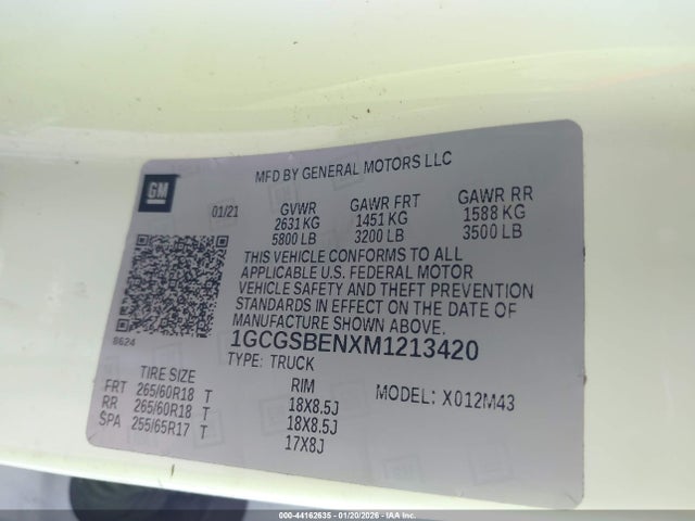 Aukcja sprzedaży 2021 Chevrolet Colorado 2wd  Short Box Wt, vin: 1GCGSBENXM1213420, numer aukcji: 44162635