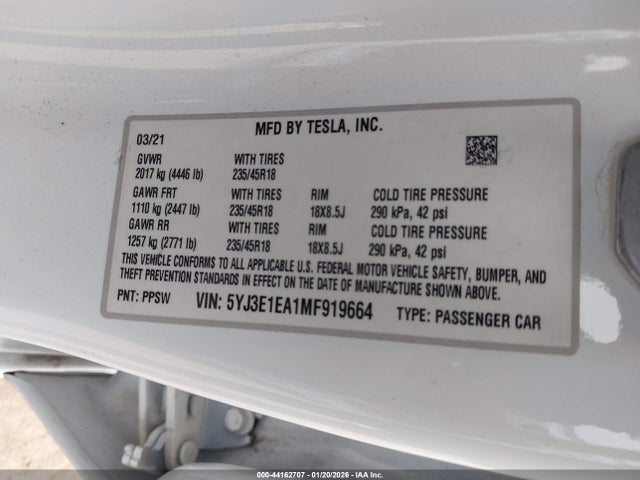 Aukcja sprzedaży 2021 Tesla Model 3 Standard Range Plus Rear-wheel Drive, vin: 5YJ3E1EA1MF919664, numer aukcji: 44162707