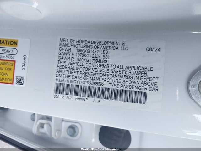 1HGCY1F31RA088692 Honda ACCORD EX