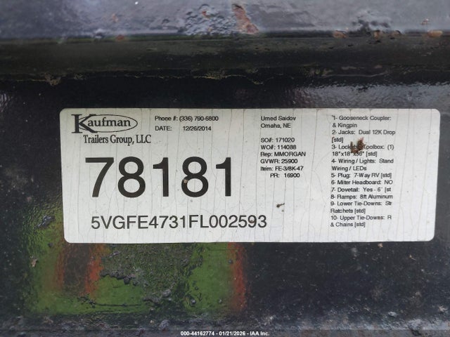 2015 Kaufman Trailers Other მანქანა იყიდება აუქციონზე, vin: 5VGFE4731FL002593, აუქციონის ნომერი: 44162774