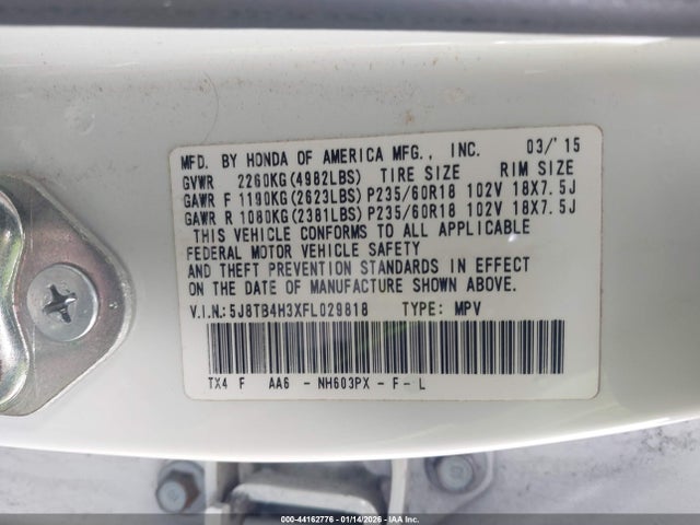 44162776 :رقم المزاد ، 5J8TB4H3XFL029818 vin ، 2015 Acura Rdx مزاد بيع