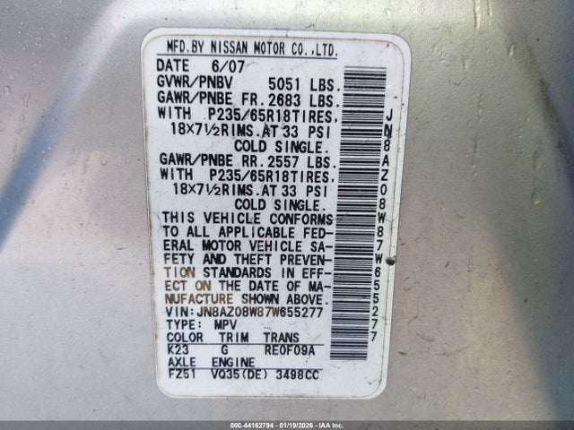 Продаж на аукціоні авто 2007 Nissan Murano Sl, vin: JN8AZ08W87W655277, номер лоту: 44162794
