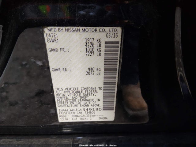 1N4AL3AP4GN349190 Nissan Altima 2.5/2.5 S/2.5 Sl/2.5 Sr/2.5 Sv
