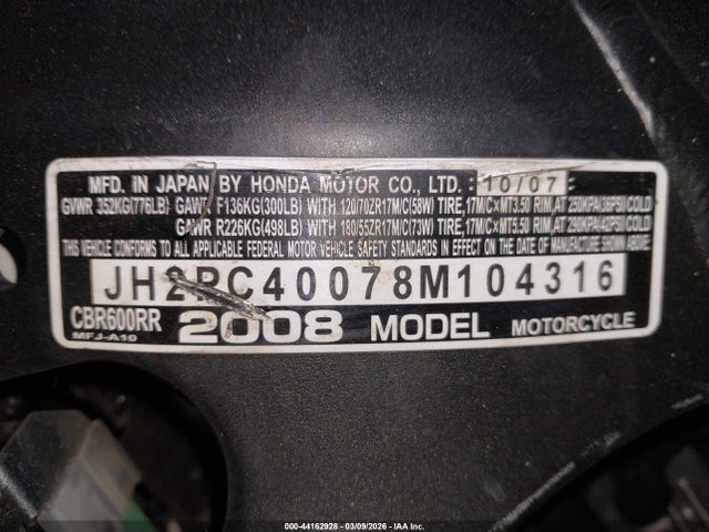 Продаж на аукціоні авто 2008 Honda Cbr600 Rr, vin: JH2PC40078M104316, номер лоту: 44162928
