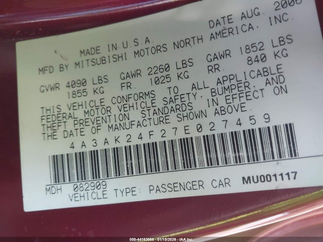 2007 MITSUBISHI ECLIPSE 4A3AK24F27E027459 Photo 8