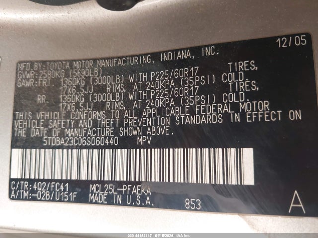 Aukcja sprzedaży 2006 Toyota Sienna Le, vin: 5TDBA23C06S060440, numer aukcji: 44163117