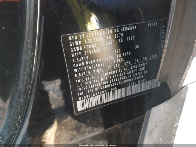 44163188 :رقم المزاد ، WVGBV7AXXHW511945 vin ، 2017 Volkswagen Tiguan 2.0t S مزاد بيع