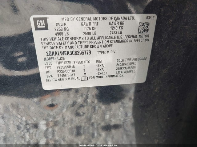 Aukcja sprzedaży 2012 Gmc Terrain Slt-2, vin: 2GKALWEK3C6295779, numer aukcji: 44163203