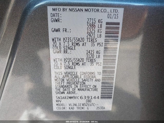 5N1AR2MM9FC639144 Nissan Pathfinder Platinum