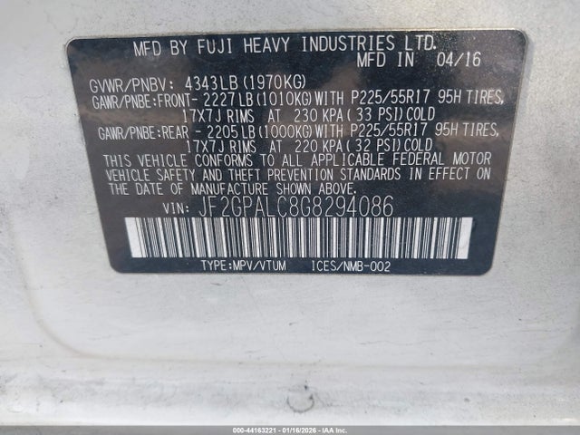 Aukcja sprzedaży 2016 Subaru Crosstrek 2.0i Limited, vin: JF2GPALC8G8294086, numer aukcji: 44163221